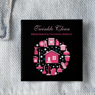 Cute Pink Black Supplies Cleaning Service Business 2 Inch Square Button
