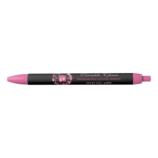 Cute Pink Black Supplies Cleaning Service Business Black Ink Pen (Front)
