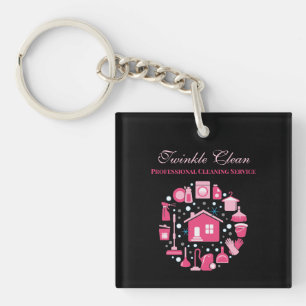 Cute Pink Black Supplies Cleaning Service Business Keychain