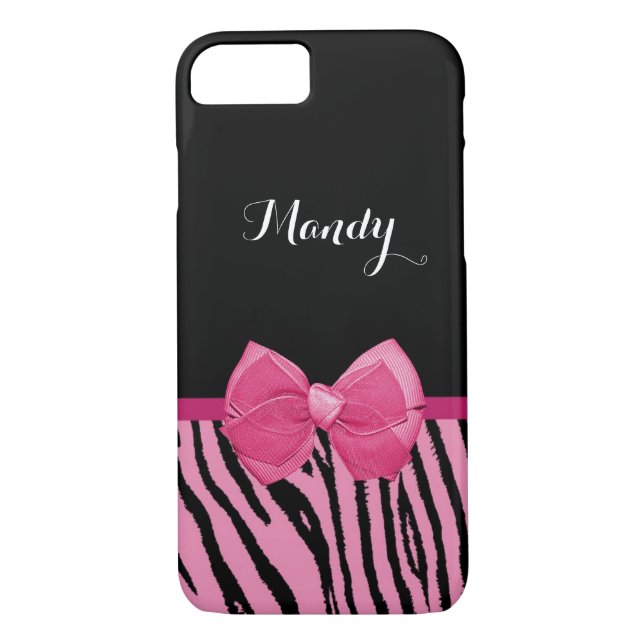 Cute Pink Black Tiger Stripes Girly Ribbon Name Case-Mate iPhone Case (Back)