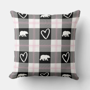 Cute Pink Black & White Bear and Heart Flannel Throw Pillow