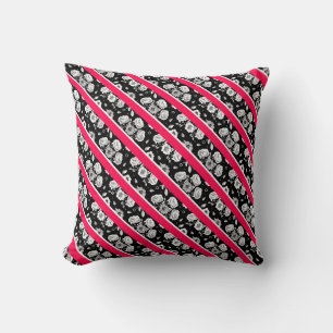 Cute pink black white flowers stripes throw pillow