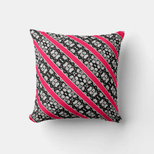Cute pink black white flowers stripes throw pillow