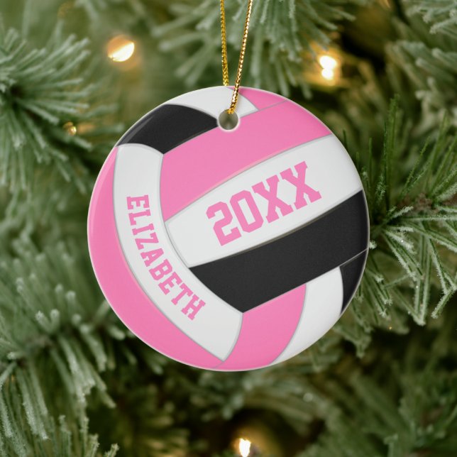 cute pink black white girly volleyball ceramic ornament (Tree)