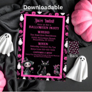 Cute Pink Black White Halloween Party Invitation