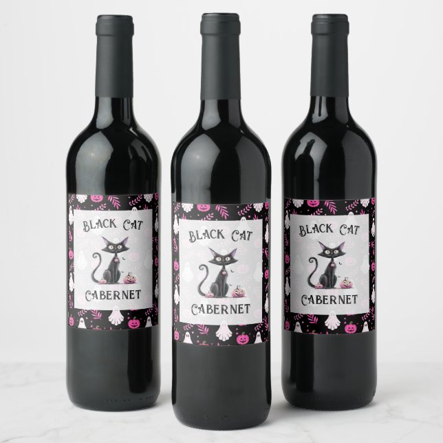 Cute Pink Black White Halloween Party Wine Label (Bottles)