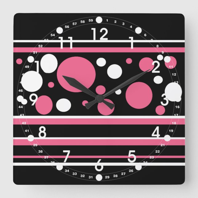 Cute Pink Black White Stripes Polka Dots Pattern Square Wall Clock (Front)