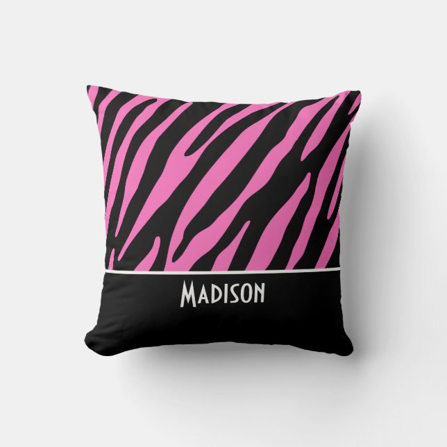 Cute Pink & Black Zebra Stripes Throw Pillow (Front)