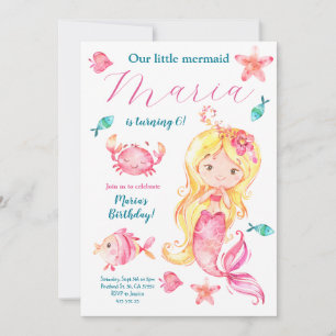 Cute Pink Blonde Mermaid Birthday Party Invitation