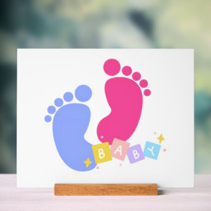 Cute Pink Blue Baby Footprints Block Letters Acrylic Sign