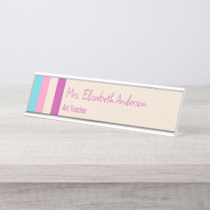 Cute Pink Blue Beige Striped & Teacher Name Title Desk Name Plate