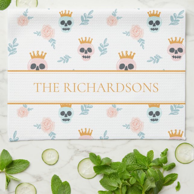 Cute Pink Blue Botanical Skull Pattern Halloween Kitchen Towel (Folded)