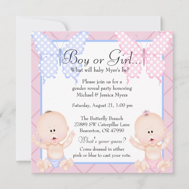 Cute Pink & Blue Butterfly Gender Reveal Invite (Front)