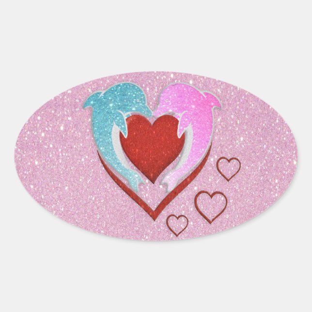 Cute pink blue dolphins holding a red heart oval sticker (Front)