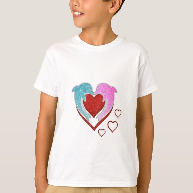 Cute pink blue dolphins holding a red heart T-Shirt (Front)