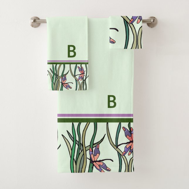 Cute Pink Blue Dragonflies and Green Leaves Bath Towel Set (Insitu)