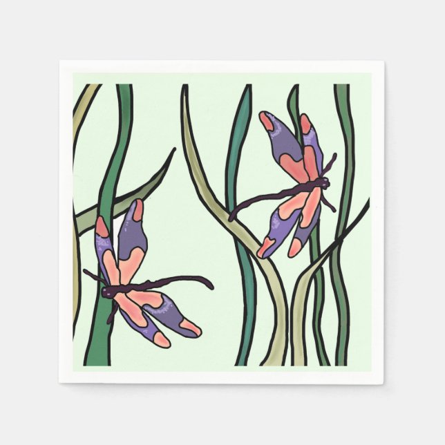 Cute Pink Blue Dragonflies and Green Leaves Napkin (Front)