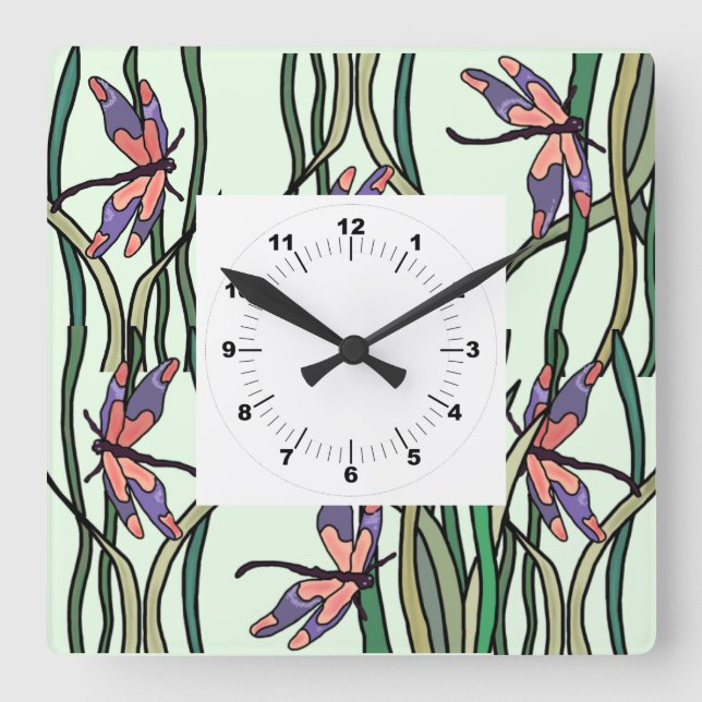 Cute Pink Blue Dragonflies and Green Leaves Square Wall Clock (Front)