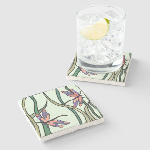 Cute Pink Blue Dragonflies and Green Leaves Stone Coaster