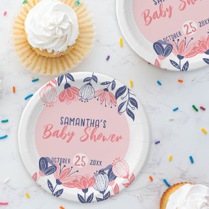 Cute Pink Blue Flowers Botanical Baby Shower Paper Plate