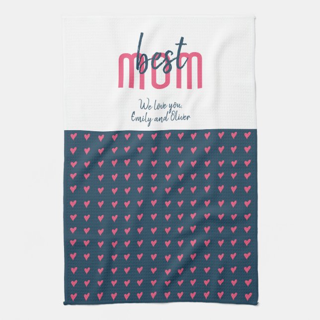 Cute Pink Blue Heart Best Mom Mother`s Day Kitchen Towel (Vertical)