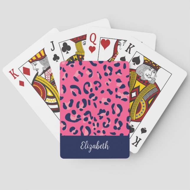 Cute Pink Blue Leopard Print Name Playing Cards (Back)
