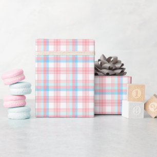 cute pink blue plaid gender reveal party  wrapping paper