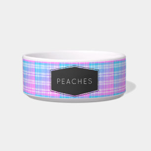 Cute Pink Blue Plaid Personalized Pet Bowl