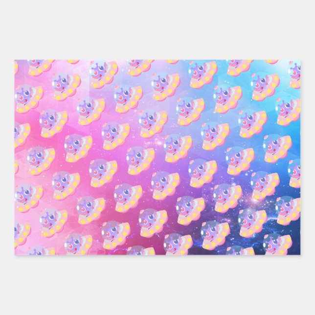 Cute Pink Blue Purple Little Girls Outer Space Wrapping Paper Sheet (Front)