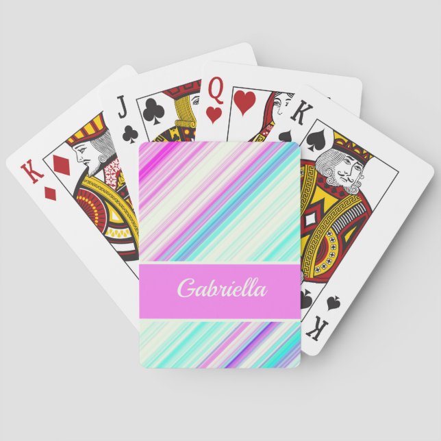 Cute Pink Blue Purple Stripes Customize Name Playing Cards (Back)