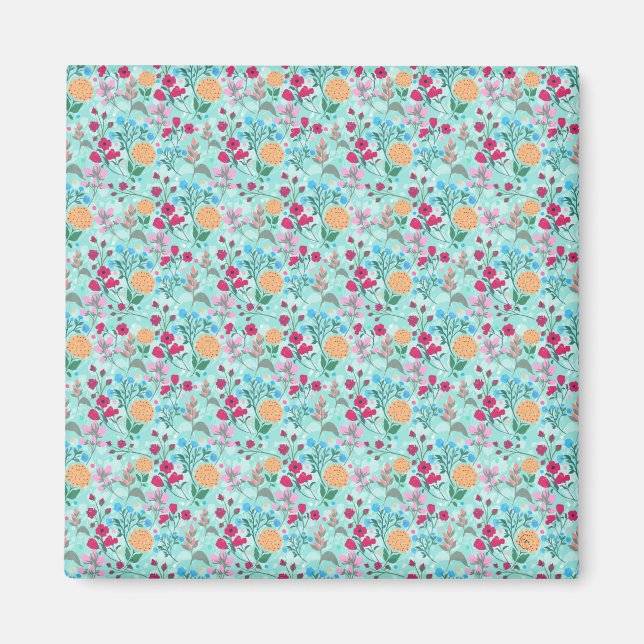 Cute Pink & Blue Small Floral Mint Design Magnet (Front)
