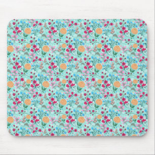 Cute Pink & Blue Small Floral Mint Design Mouse Pad