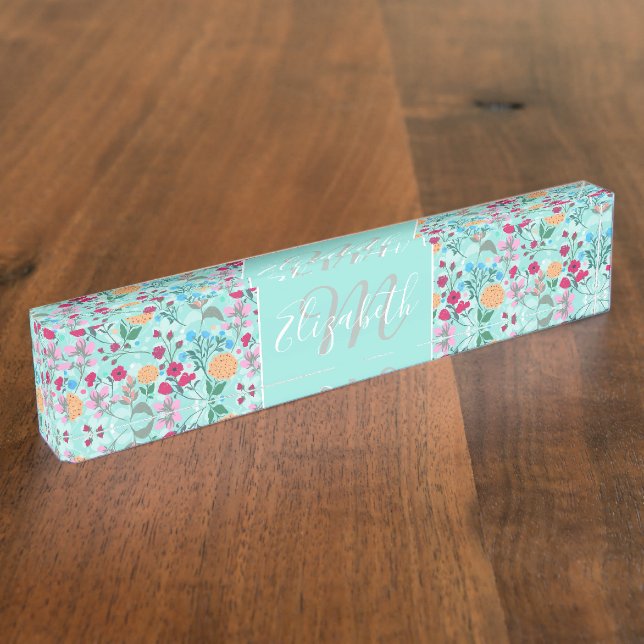 Cute Pink & Blue Small Floral Mint Design Nameplate (Side)