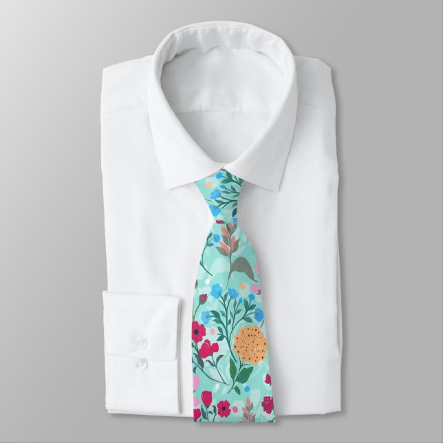Cute Pink & Blue Small Floral Mint Design Tie (Tied)