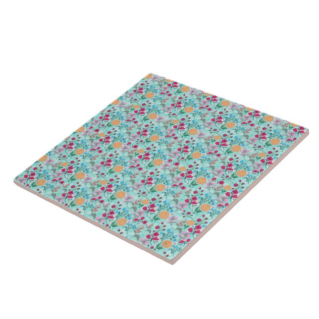 Cute Pink & Blue Small Floral Mint Design Tile (Side)