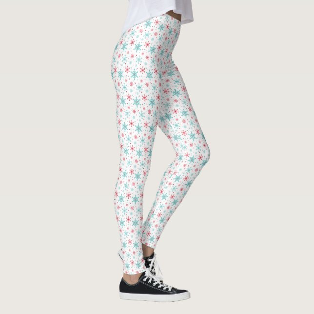 Cute Pink Blue Snowflake Holiday Christmas White Leggings (Right)