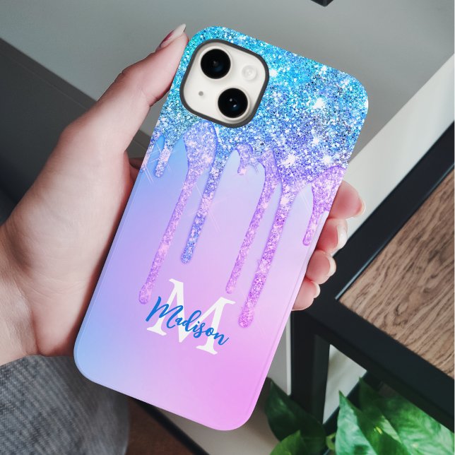 Cute pink blue Unicorn Glitter Drips monogram Case-Mate iPhone Case (Creator Uploaded)