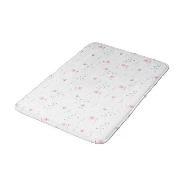 Cute Pink Blue Watercolor Wildflower Pattern Bath Mat (Angled)