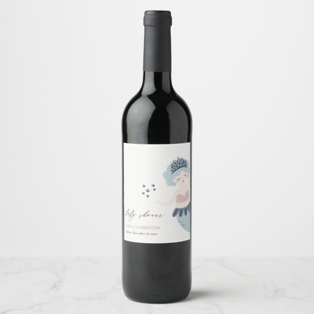 CUTE PINK BLUSH BLUE LITTLE MERMAID BABY SHOWER WINE LABEL (Front)
