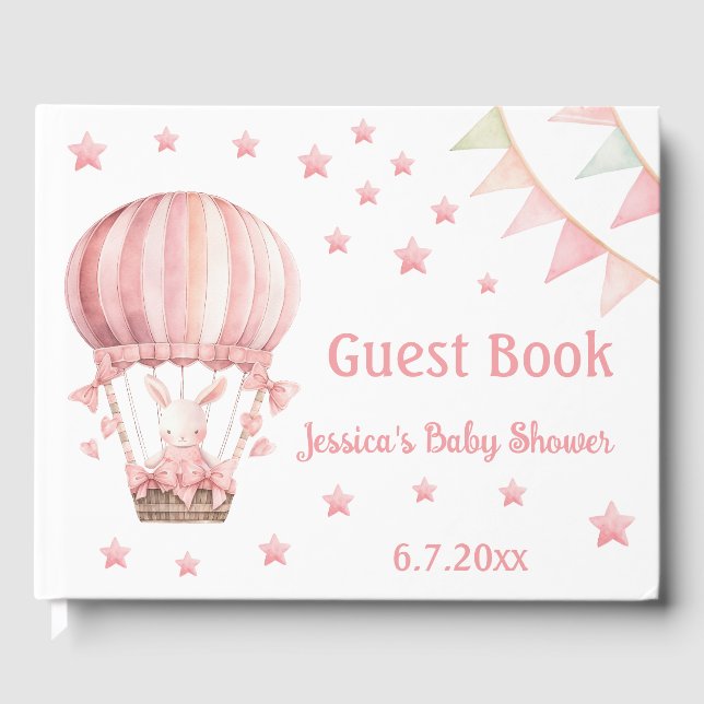 Cute Pink Blush Bunny Baby Shower Guest Book (Front)