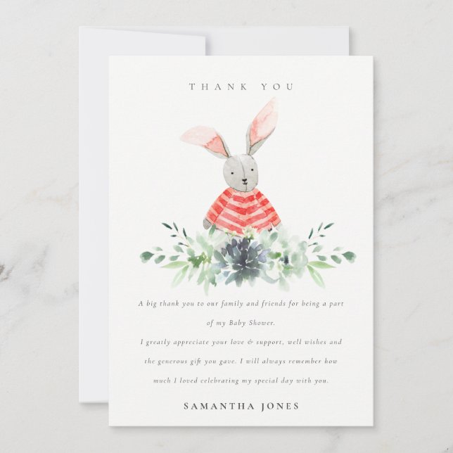 Cute Pink Blush Bunny Garden Foliage Baby Shower Thank You Card (Front)