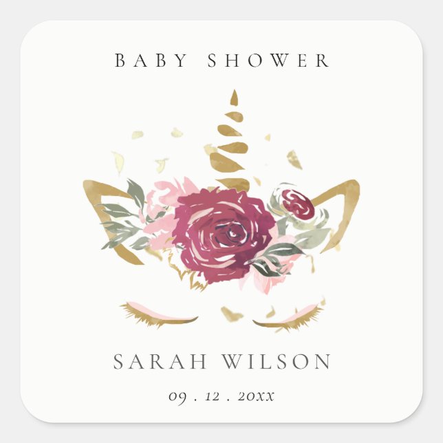 Cute Pink Blush Gold Floral Unicorn Baby Shower Square Sticker (Front)