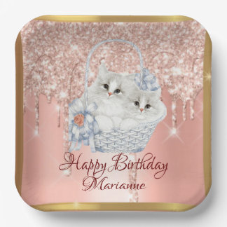 Cute Pink Blush Kittens Personalisable Birthday Paper Plate