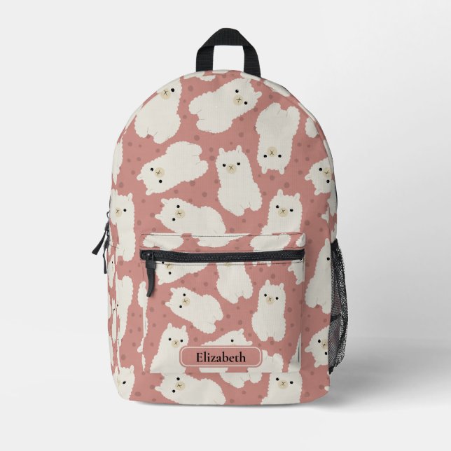 Cute Pink Boho Llama Personalized Kids Name Printed Backpack (Front)