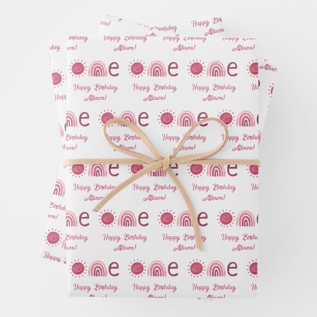 Cute Pink Boho Rainbow First Birthday Wrapping Paper Sheet (In situ)