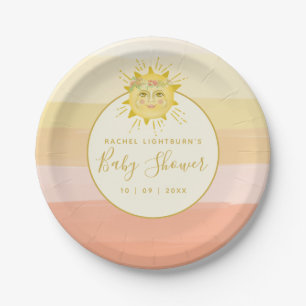 Cute Pink Boho Rainbow Ray of Sunshine Baby Shower Paper Plate
