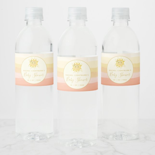 Cute Pink Boho Rainbow Ray of Sunshine Baby Shower Water Bottle Label (Bottles)