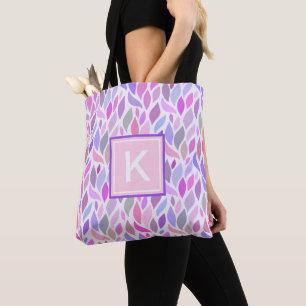 Cute Pink Botanical Leaf Girls Monogram Tote Bag
