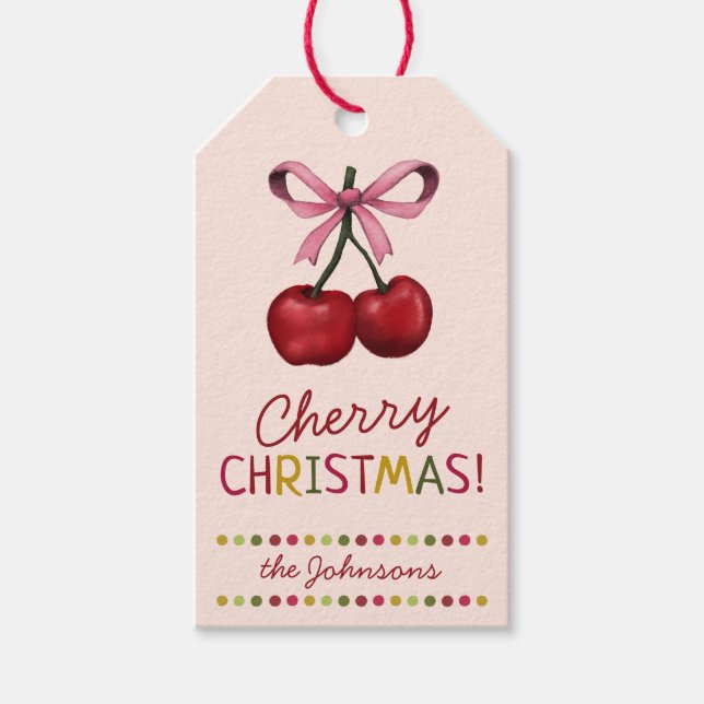 Cute Pink Bow and Sweet Red Cherry Christmas  Gift Tags (Front)