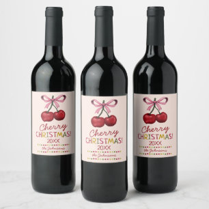 Cute Pink Bow and Sweet Red Cherry Christmas  Wine Label